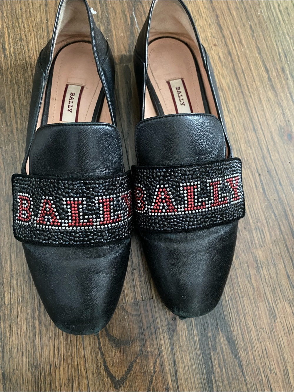 Bally Black Leather Loafers with Red & White Bead Logo